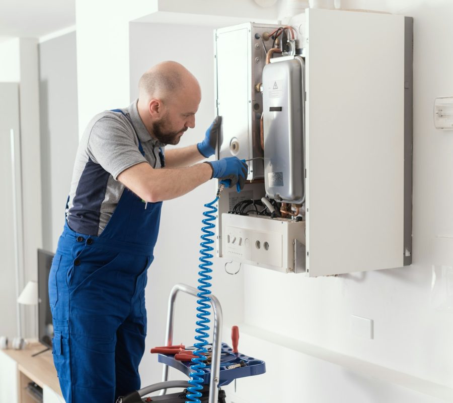 Professional engineer servicing a boiler at home